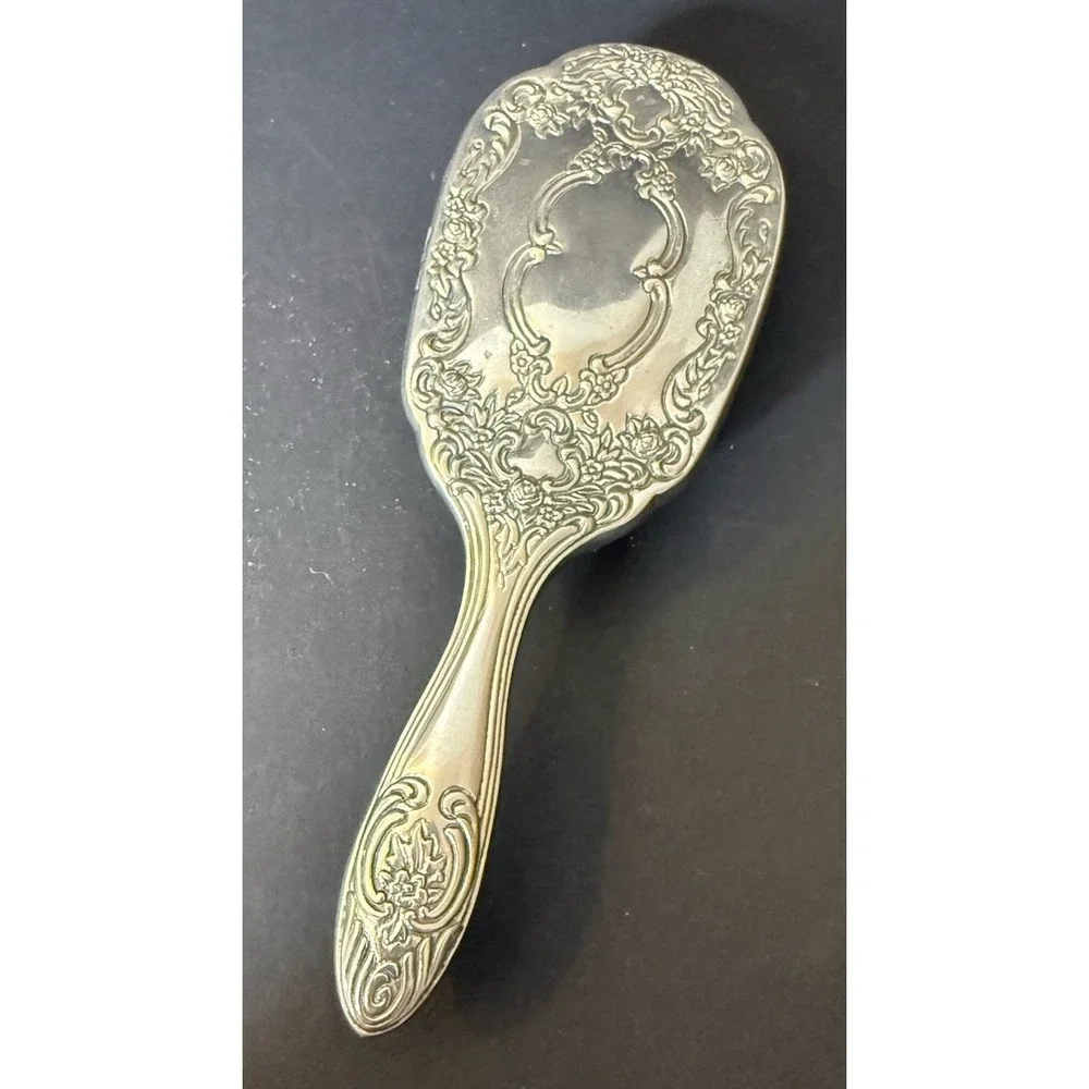 Vintage Vanity Set of 3 Repousse Floral Silver Tone Mirror, Brush & Comb EUC